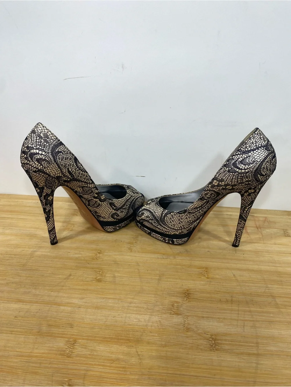 Casadei 6 B Black Lace Peep-Toe Platform Pumps high heels Italy 145mm stiletto